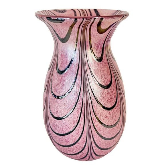 Vintage Feather Pulled Vase Glass Art Some Gold Iridescent Blown Pink Loop Black